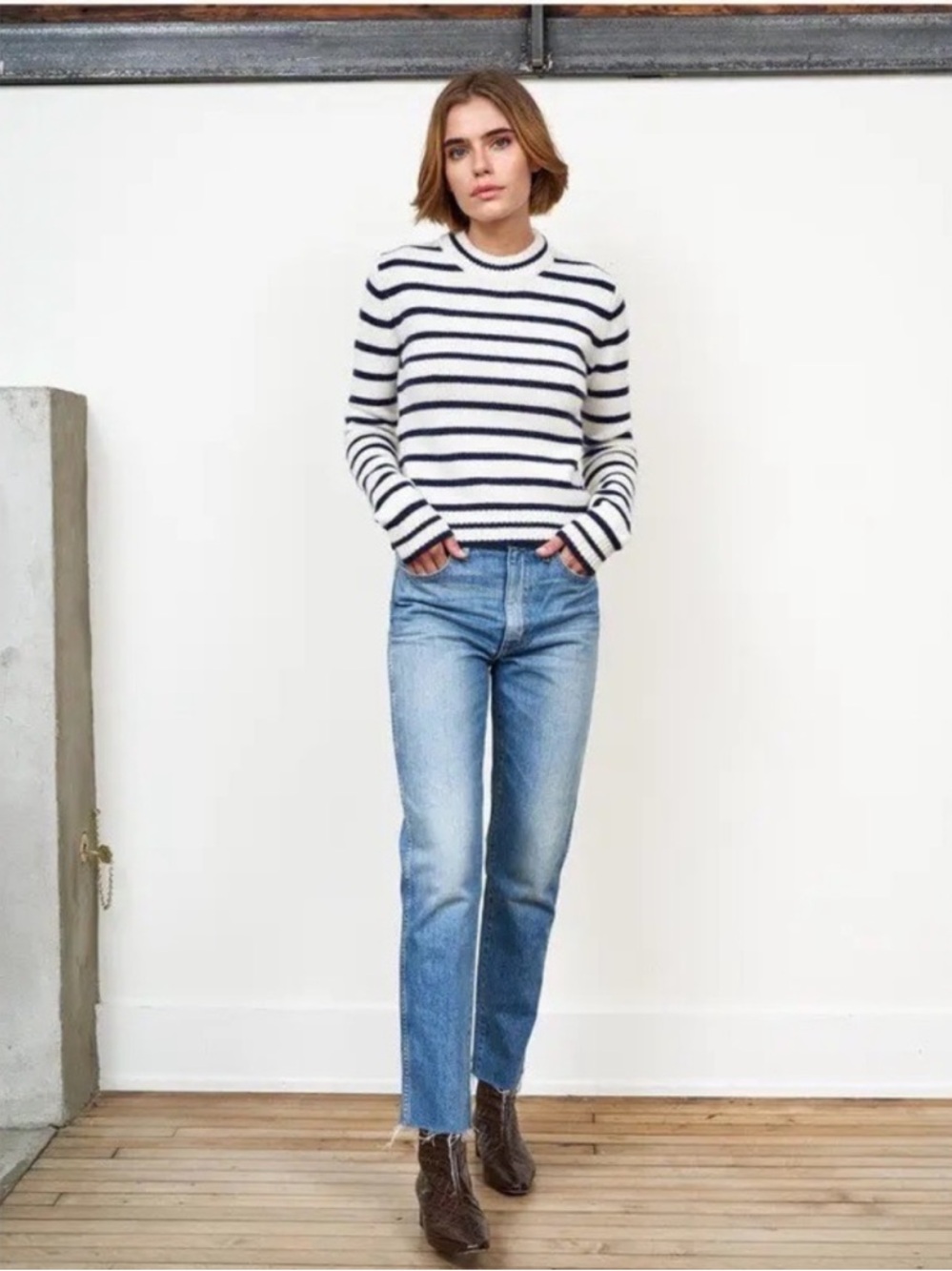 La Ligne Hardy Striped 100% Cashmere Pullover Sweater Medium Blue Cream Knit - Picture 3 of 13